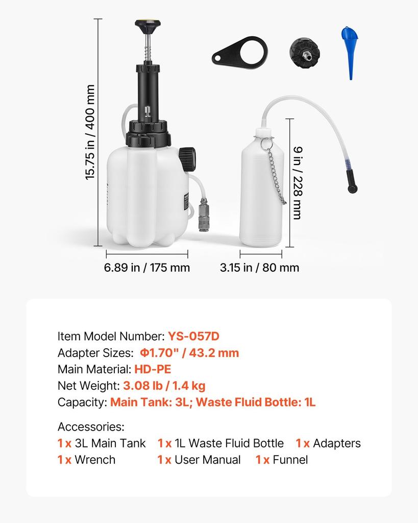 Brake Bleeder Kit, 3L Manual Brake Fluid Bleeding Kit with 1L Waste Bottle & 43.2 Mm Master Cylinder Adapter, One-Person Professional Brake Fluid