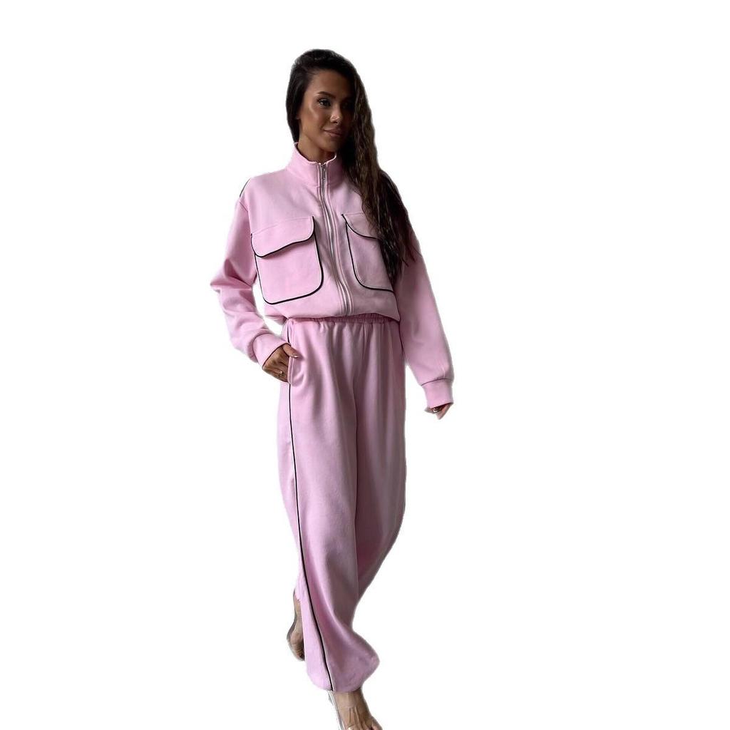 Women's European & American Fashion Autumn Cardigan and Casual Pants Set with Half High Neck and Pockets