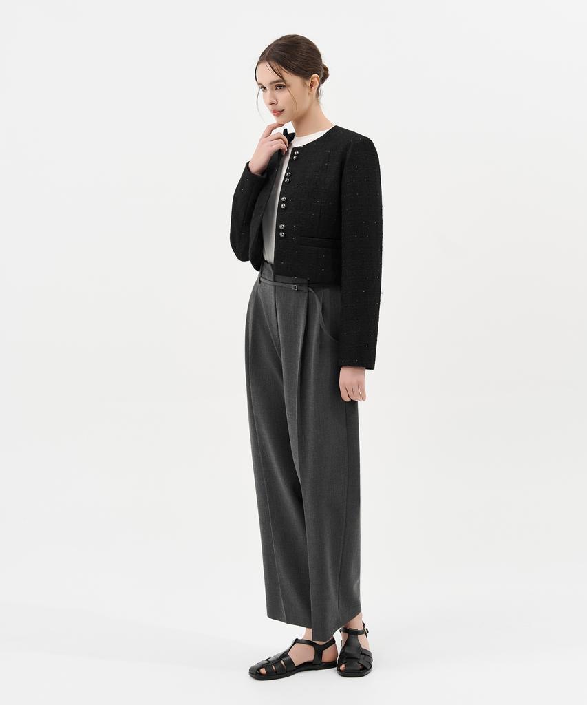 Laneonkyulleoseu Belt Detail Pintuck Wide Pants_Melange Grey