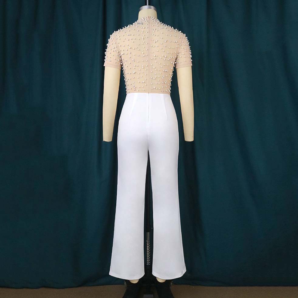 Elegantes Monos Ropa de una Pieza Mujer Cuello Redondo Manga Corta Con Cuentas Cintura Alta Lujo Femenino Cena de Cumpleaños Fiesta Monos Conjunto