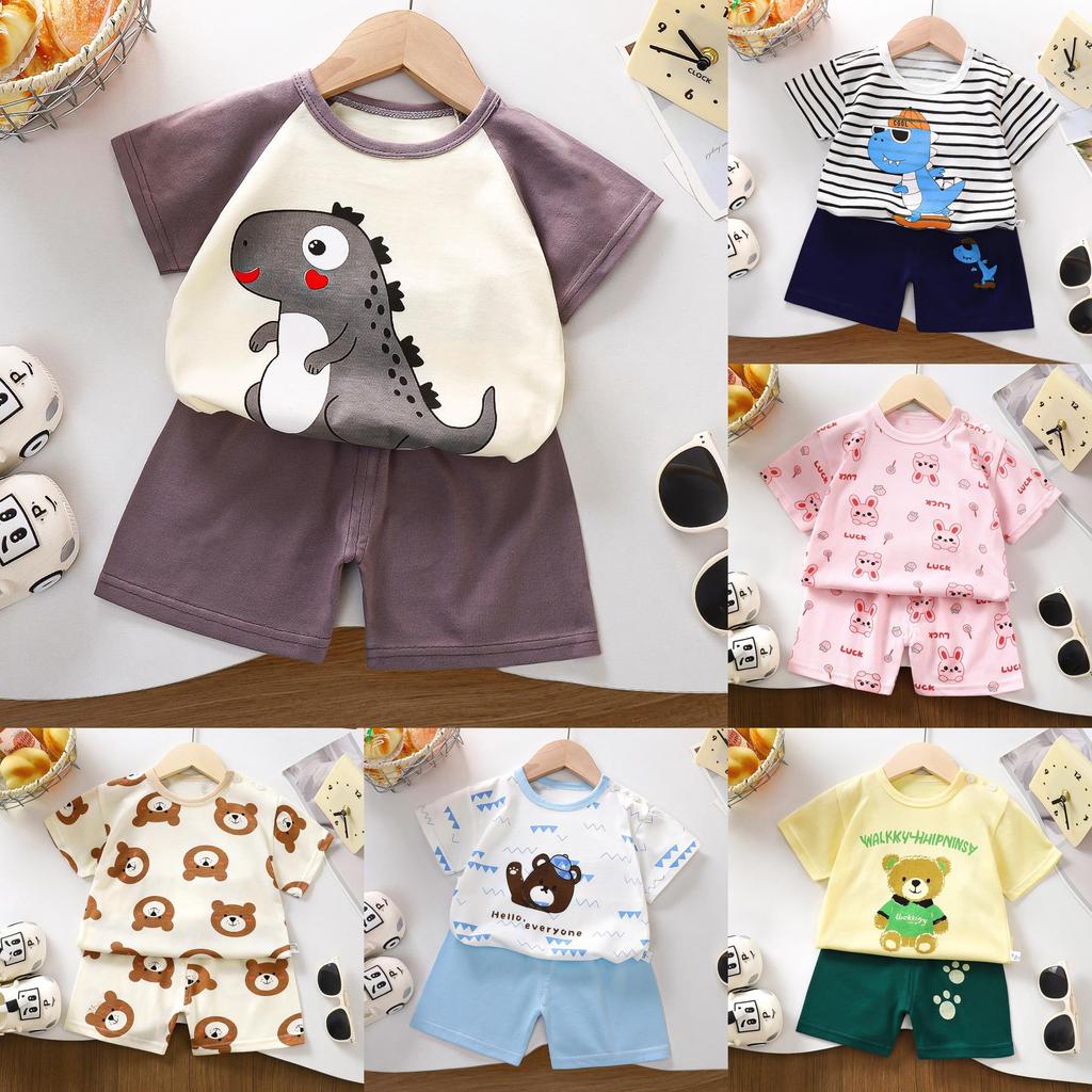 Kids Short Sleeve Cotton Set With Cartoon Pattern For Summer Play