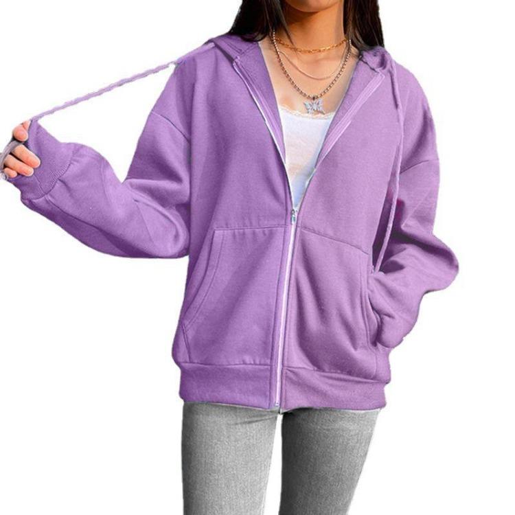 Women's Solid Color Fleece Zipper Jacket Loose Fit Long Sleeve Hooded Sweatshirt