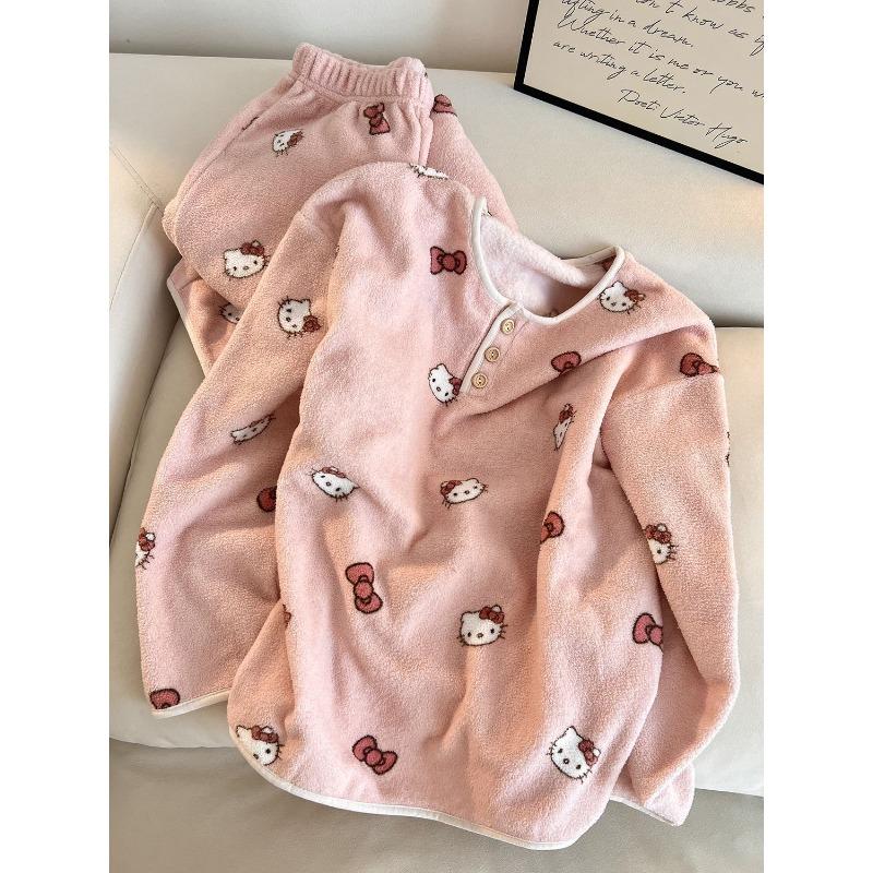 Hello Kitty Girls Pajama Sets Kawaii Cartoon Characters Cute Prints Sweet Fashion Versatile Going Out Warm Home Clothes