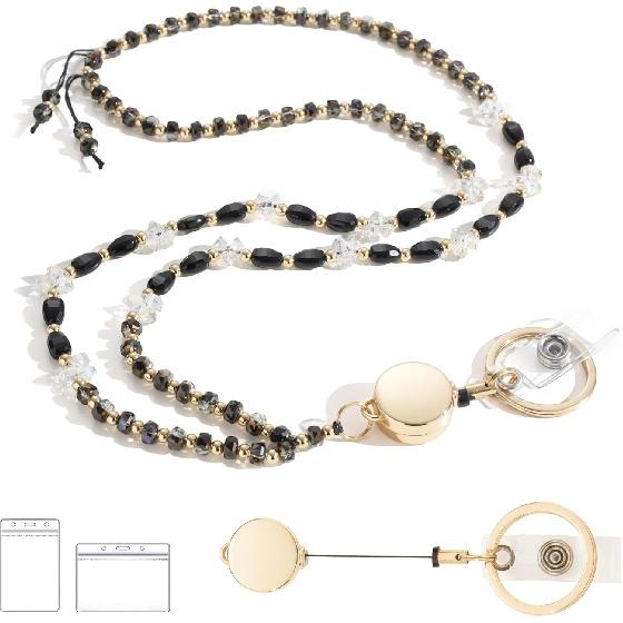 Retractable Lanyards for ID Badges and Keys, Beaded Lanyards for Women Cream Crystal, Cute Teacher Lanyard Apricot Pink