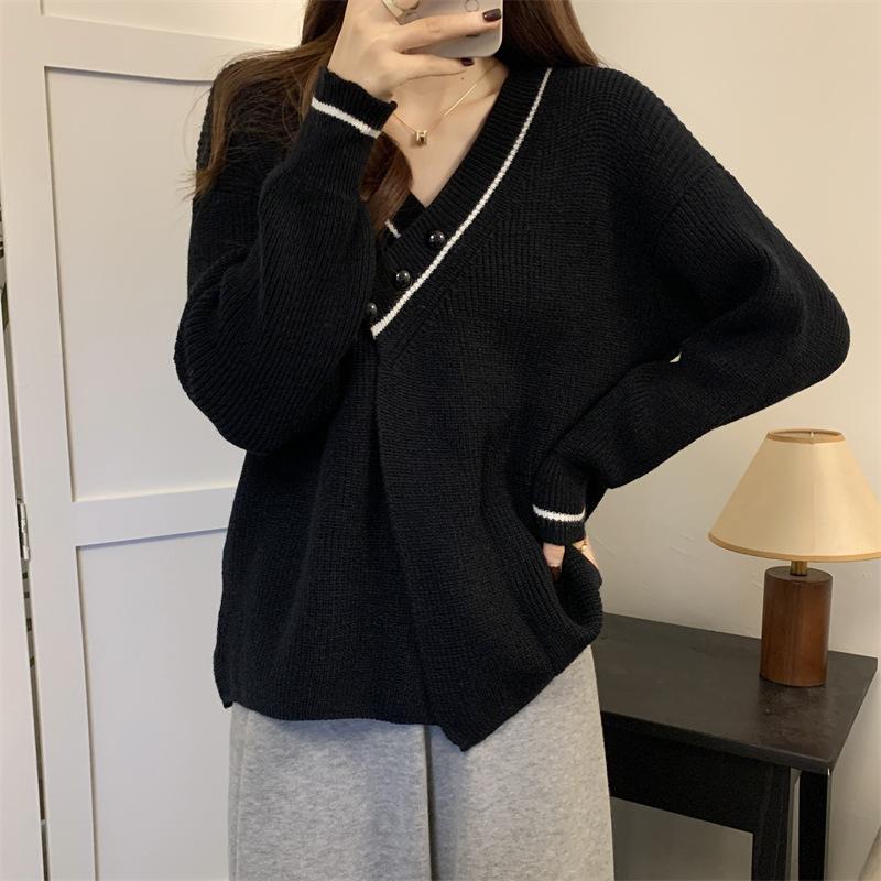 Autumn Winter V-neck Casual Fashion Patchwork Knitting Coat Women Long Sleeve All-match Pullover Sweater Top