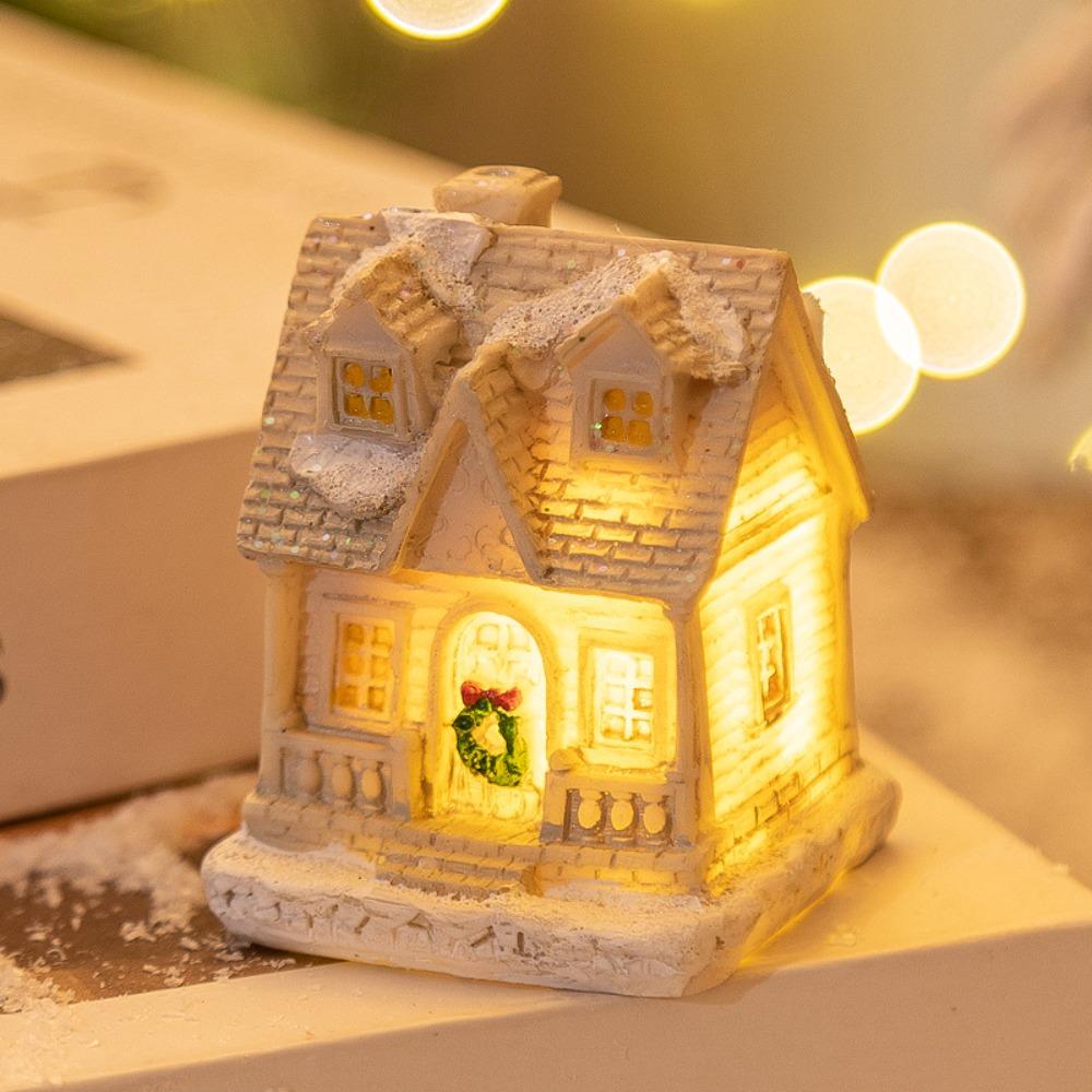White Christmas Glowing Small House Resin Xmas House Ornament Cartoon Table Decorations Home Decor