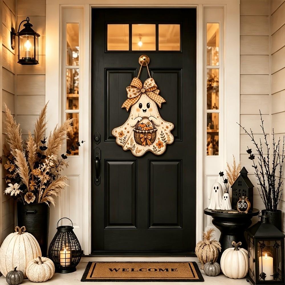 2D Flat Halloween Ghost Wood Door Hanger Rustic Style Fall Harvest Door Plaque Autumn