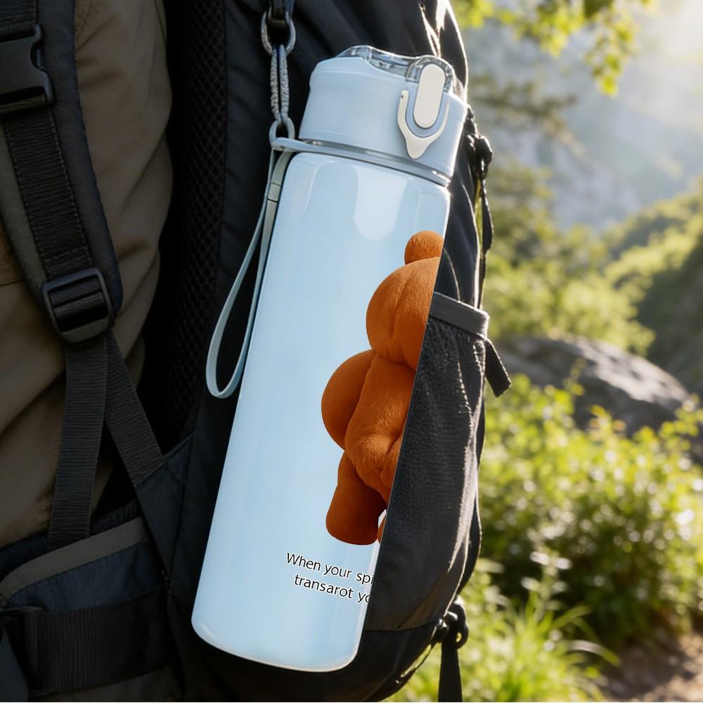 1PC Simple Teddy Bear Figure 750ml Color Plastic Sports Water Bottle Leakproof Flip Straw Lid Suitable for Sports Office Home Use