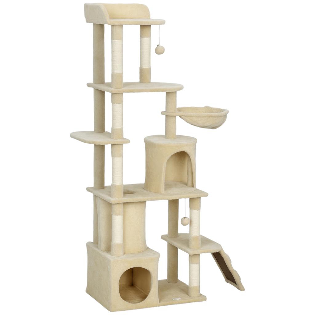 170 Cm Large Cat Tree Cat Tower With 7 Scratching Posts Tunnel 2 Condos Hammock Perch Ramp Pompoms Beige