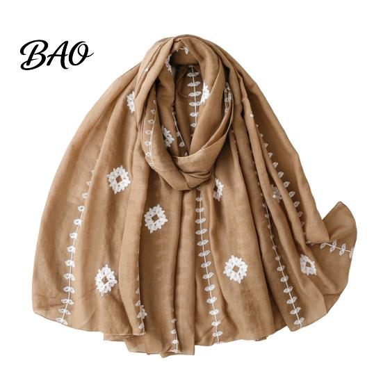 Lightweight Gauze Scarf Solid Color Embroidered Shawl for Women, Soft with Floral Oriental Style Vine Texture, 180x90cm Breathable Wrap Spring Summer