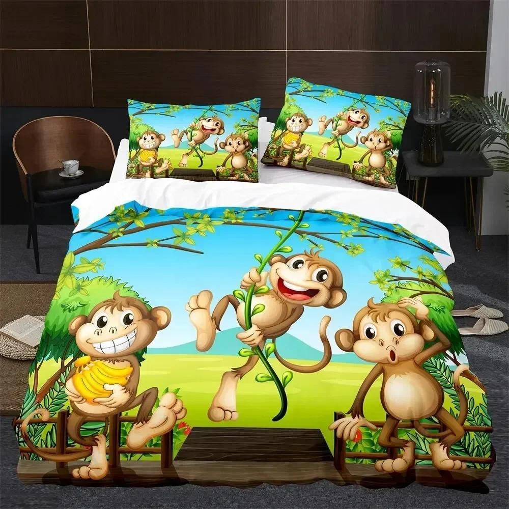 Monkey Duvet Cover King Queen Lovely Cartoon Animal Bedding Set for Kids Boy Girl Green Jungle Tree Polyester Quilt Cover