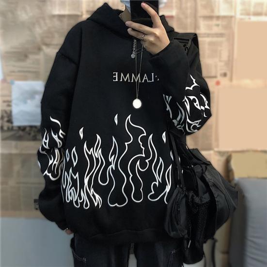 Hanorac Bărbați Toamnă Imprimeu Flacără Glugă Mâneci Lungi Moale Călduros Larg Stil Hip Hop Hanorac de Iarnă pentru Școală