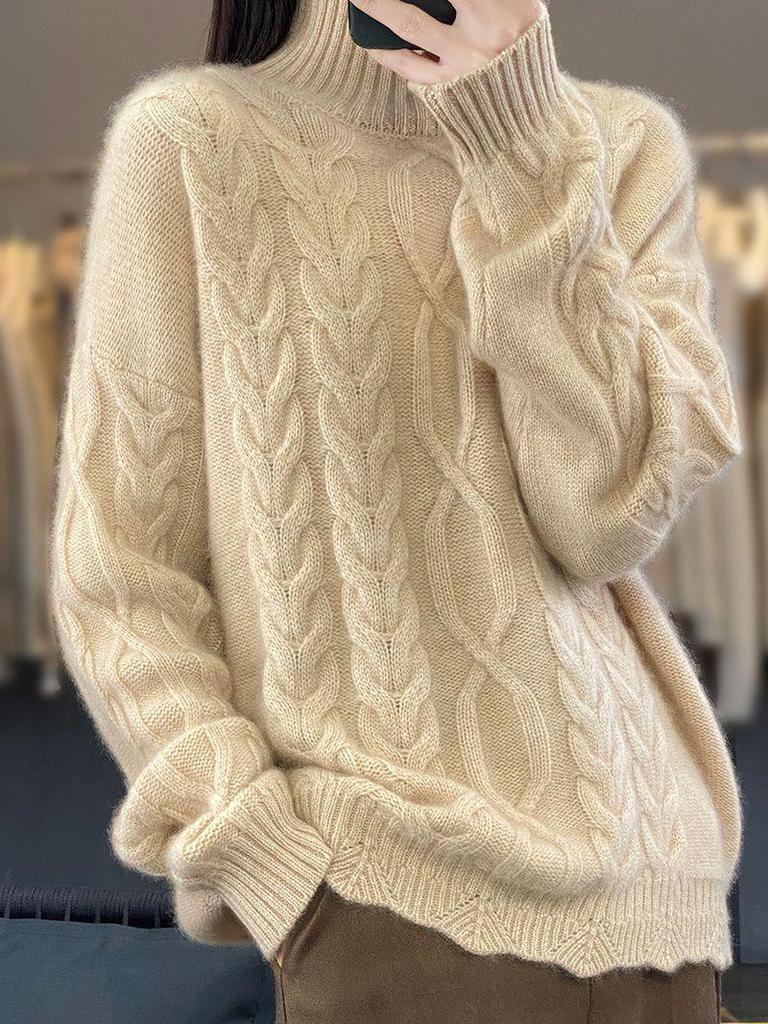 Women's High Neck Drop Shoulder Cashmere Sweater - Autumn/Winter New Arrival, Loose Slimming Knit Pullover