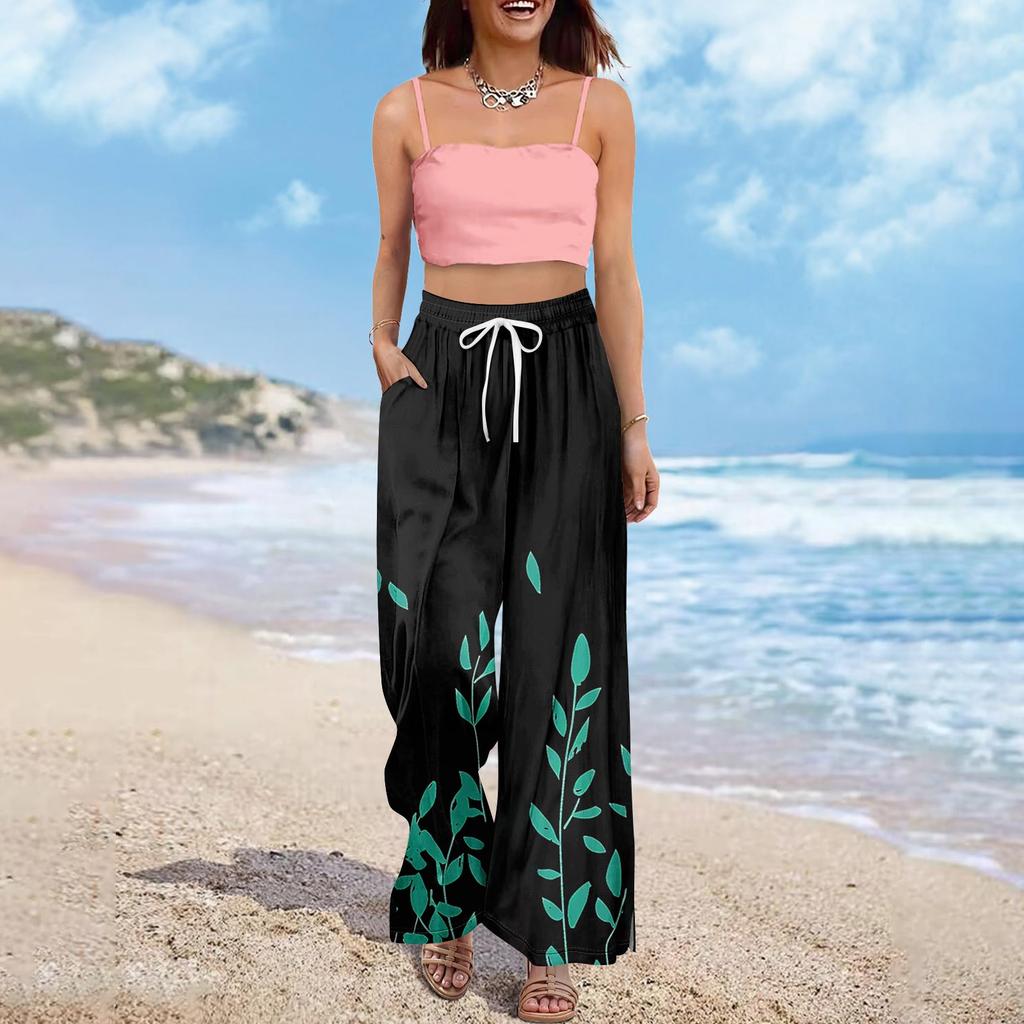 Women Summer Boho Palazzo Pants High Waist Wide Leg Printing Casual Trousers With Pockets