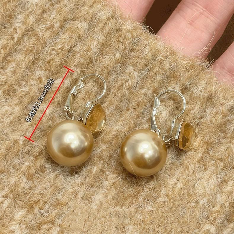 Elegant French Coffee Crystal Pearl Dangle Earrings - High-End Niche Design