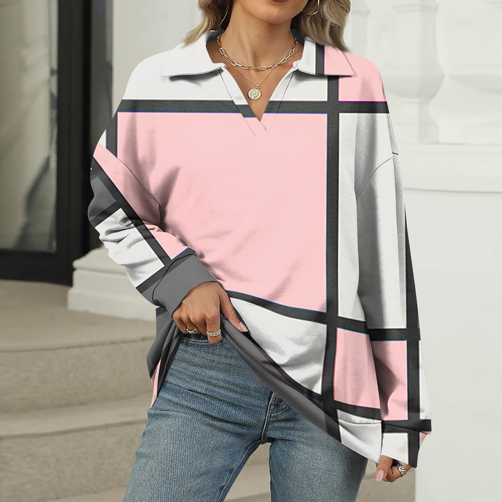 

Жіноча літня модна повсякденна сорочка з V-подібним вирізом і довгими рукавами XL рожевий