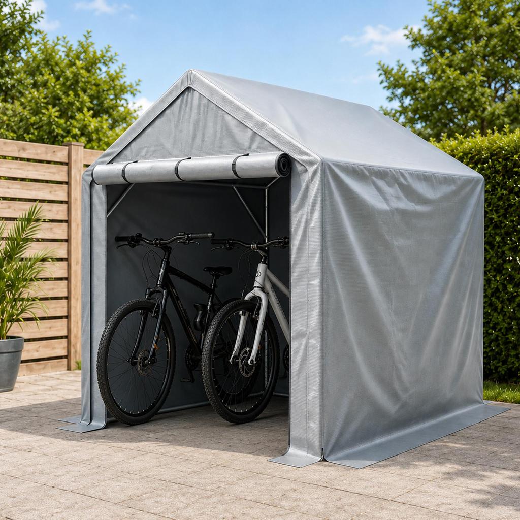 Grey Waterproof UV‑Resistant Portable Storage Shed, Galvanized Steel Frame Roll‑Up Zipper Garden Tent for Bikes Firewood Tools