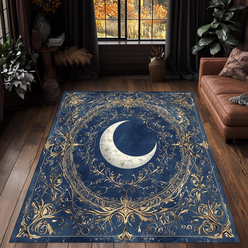 Crescent Moon Celestial Night Sky Rug Mystical Art Carpet Elegant Blue Living Room Decor Non-Slip Washable Floor Mat