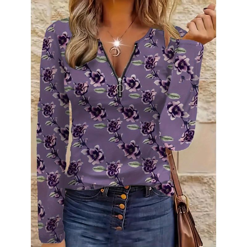 Elegant casual comfortable style painting flower element printed pattern code women's round neck zipper long sleeves