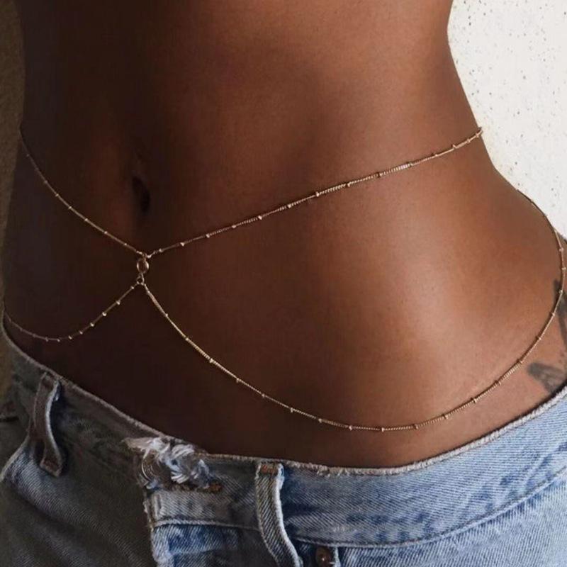 Dual-Layer Copper Bead & Rhinestone Women's Waist Chain - European & American Street Style