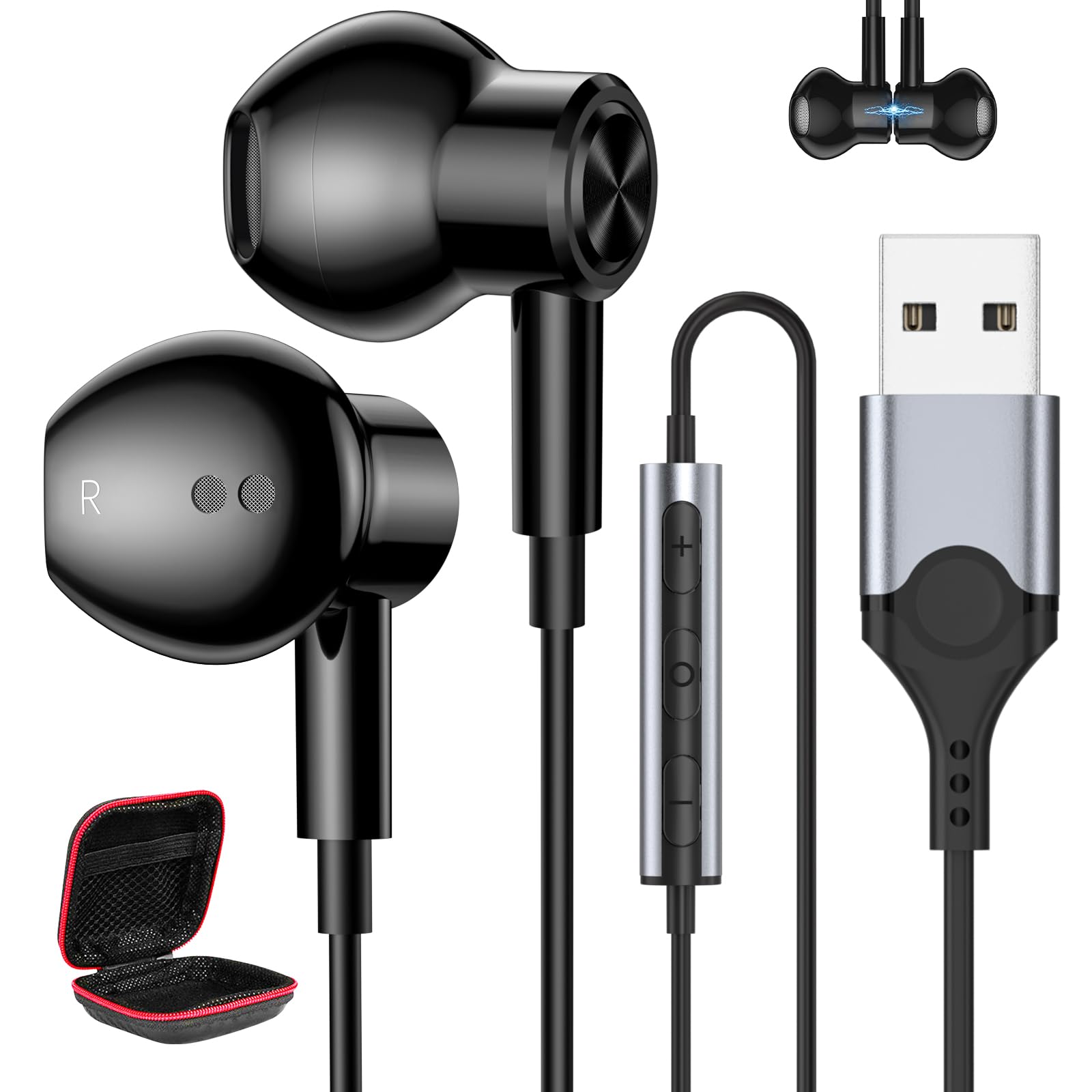 

MACLE USB Wired Earphones with Mic for Magnetic Call HIFI Sound Volume USB Compatible with Surface and Includes Storage Black PC/Computer, Design, чорний