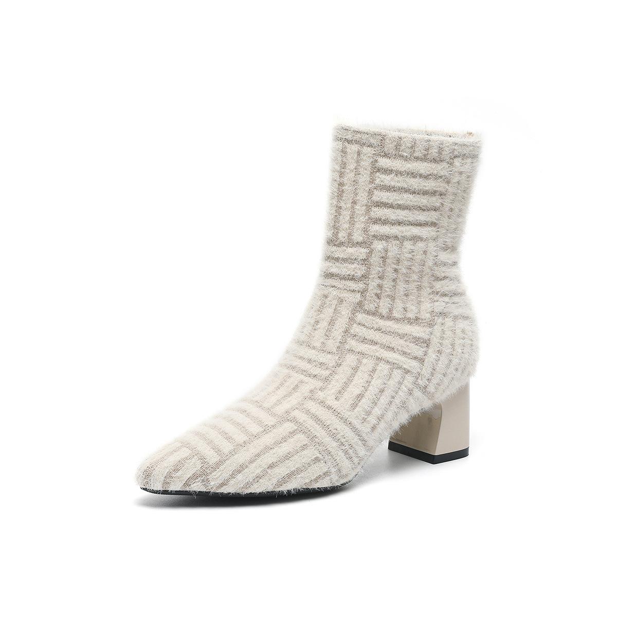 Женские зимние теплые ботильоны-носки с острым носком на низком толстом блочном каблуке эластичные ботинки без застежек женские удобные вязаные ботинки Челси 34 3455₽