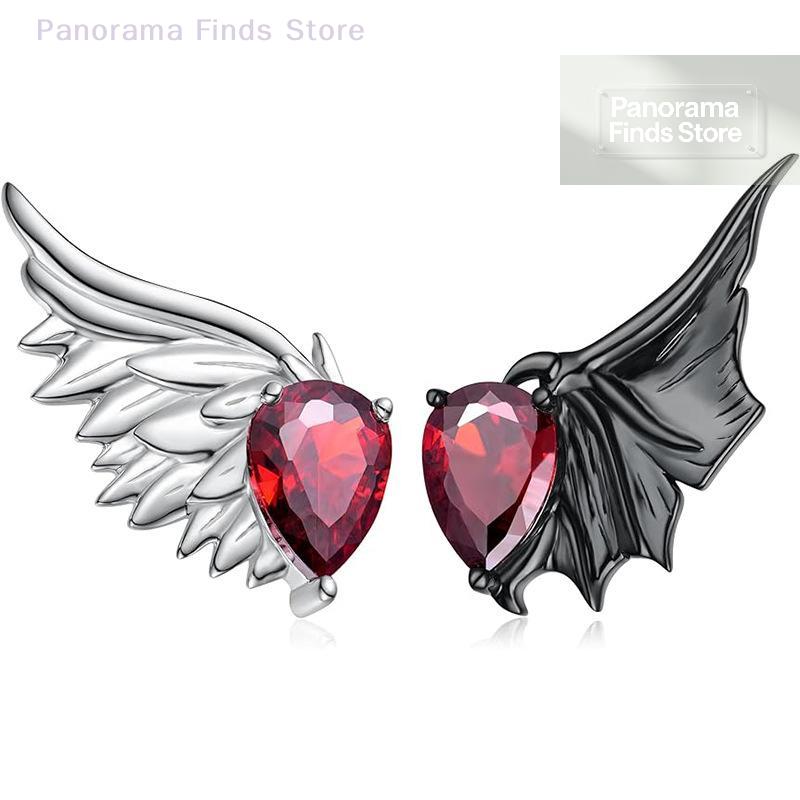 Gothic Punk Red Zircon Wing Earrings for Women Feather Angel Devil Ear Studs Unique Graduation Nightclub Look