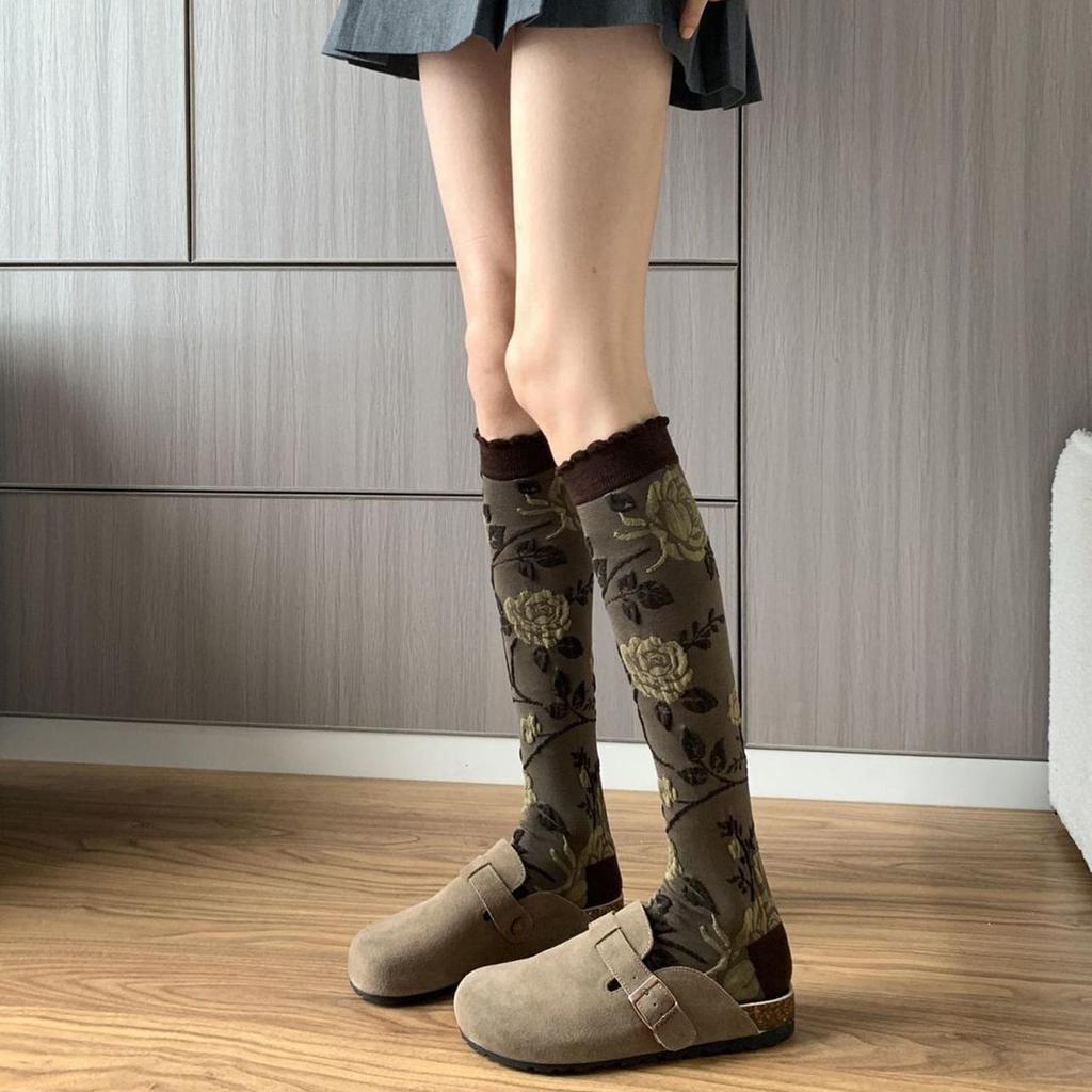 Fashion Vintage Floral Stockings Spring Autumn Cotton Elastic Breathable JK Boots Long Tube Socks Ladies Ruffle Knee High Socks