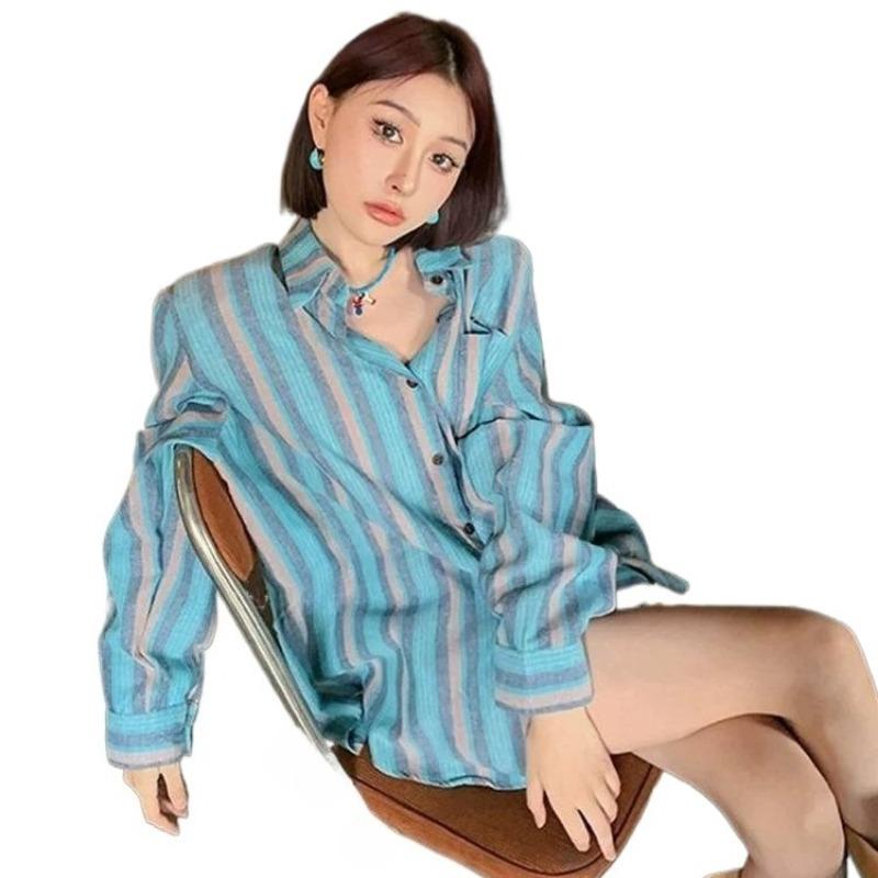 Striped Women's Shirt Turndown Collar Single Breasted Button Loose Fitting Famale Shirts French Style Casual Ladies Long Sleeved Top