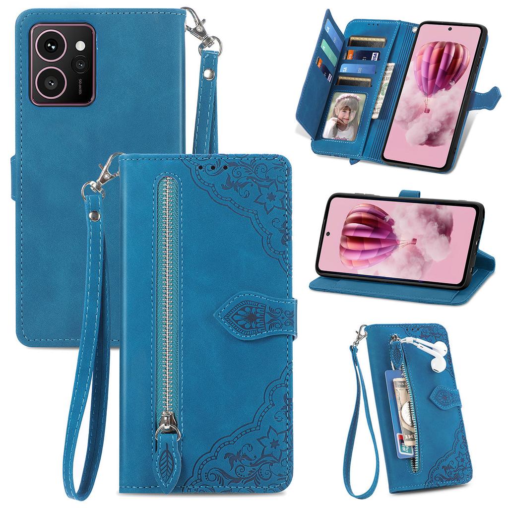 For HMD Skyline Zipper Wallet Case with Strap Flower Imprint PU Leather Phone Cover