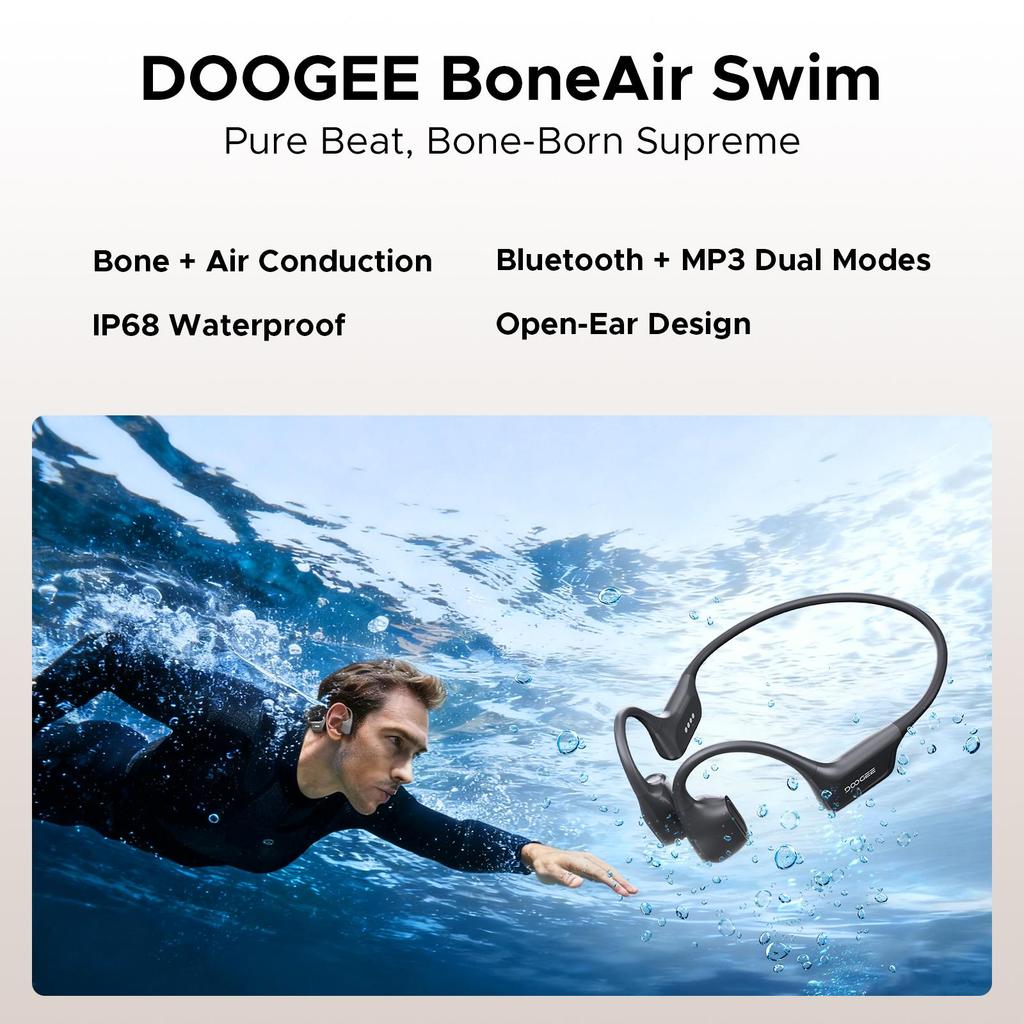 Doogee Knochenschall-Kopfhörer, IP68 Kabelloses Bluetooth 5.4, Dual-Treiber, Sport Open-Ear Kopfhörer zum Schwimmen, Laufen, Radfahren