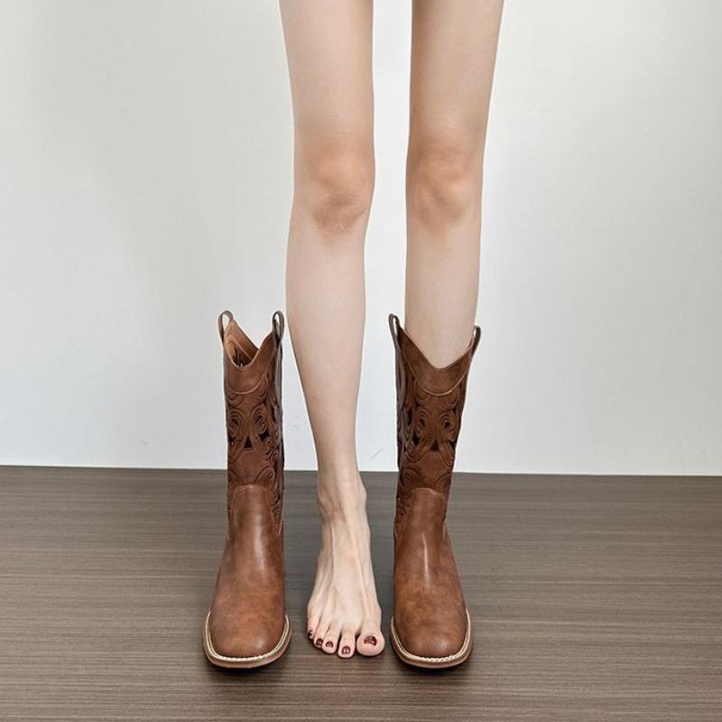 Fashion Summer Square Toe Women's Half High Boots Chic and Elegant Trend 2025 Pu New in Gothic Novelty Hot Ladies Mid Calf Shoes Sale