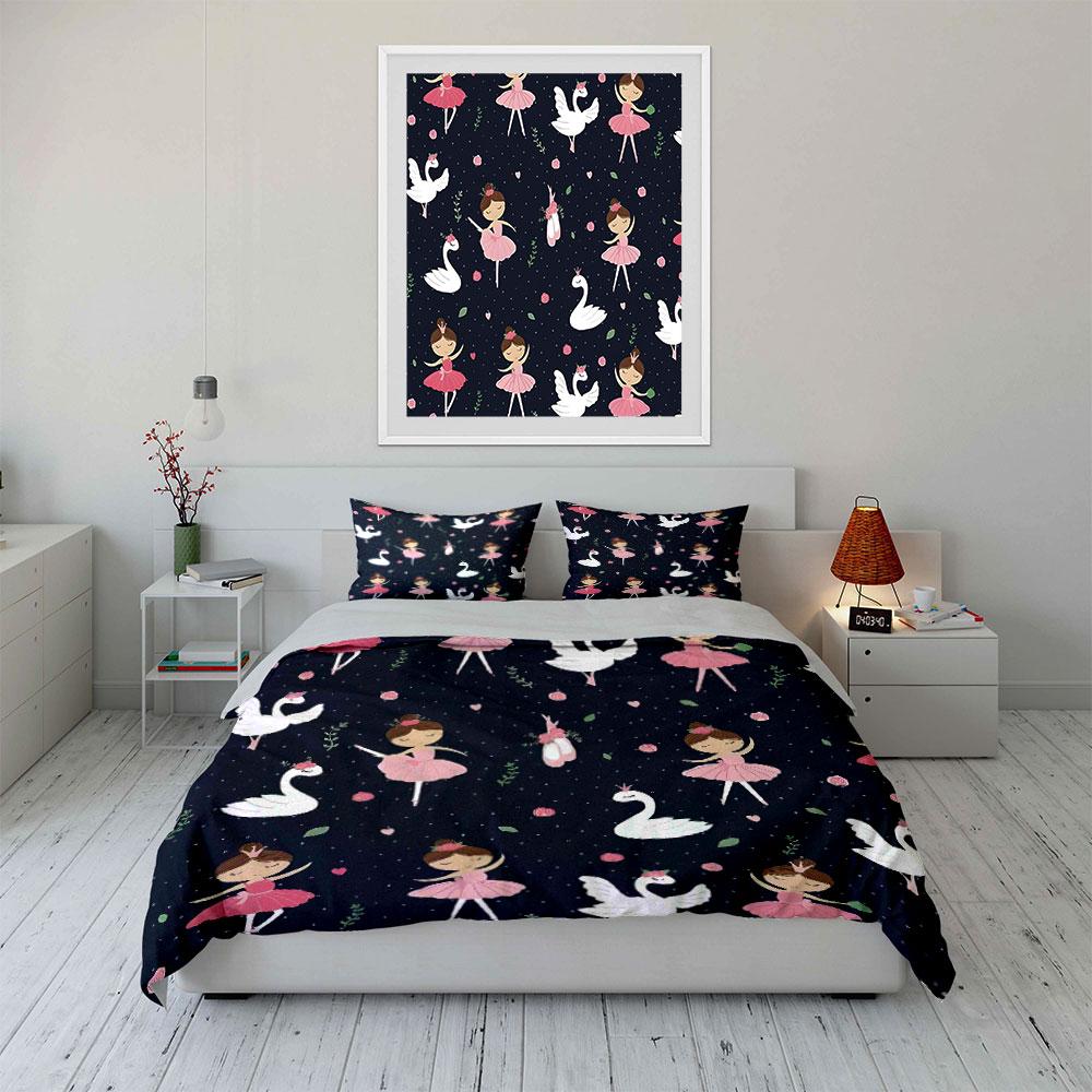 Ballet Swan Princess Pattern Bedding Duvet Cover Set (1*Duvet Cover 2*Pillowcases, without duvet insert)