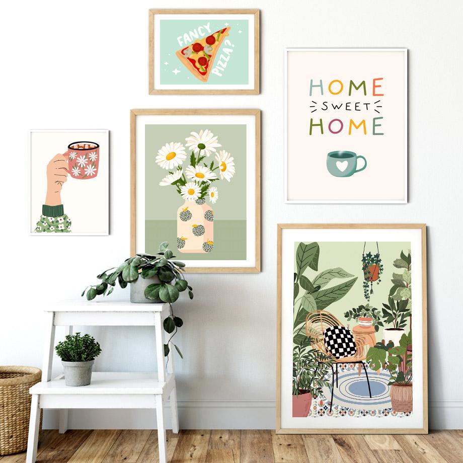 Tropische Pflanzen Daisy Vase Pizza Kaffeetasse Essen Abstrakte Poster Drucke Wand Kunst Leinwand Bilder Boho Küche Wohnzimmer Dekor Kein Rahmen