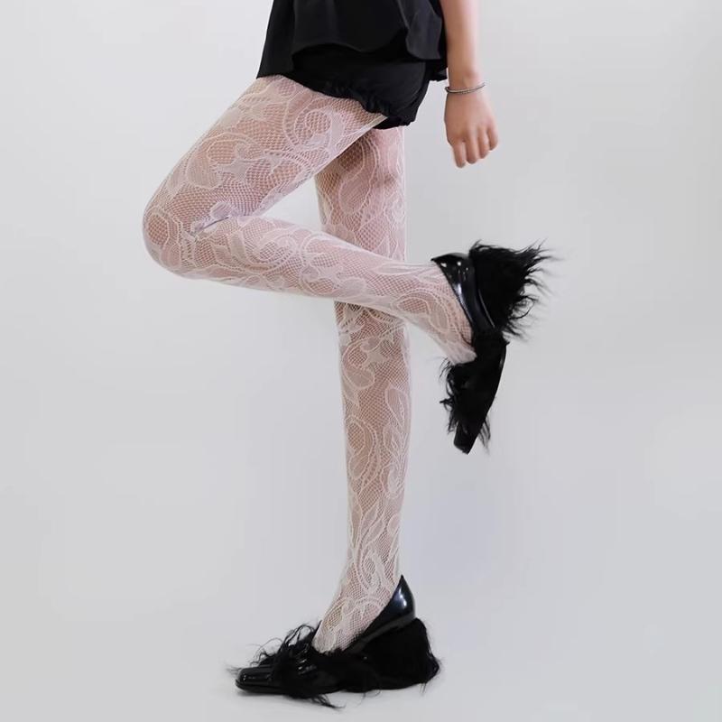 Romantic Flower Lace Pattern Mesh Pantyhose Women French Style Elegant Sheer Stockings Trendy Daily Wear Jacquard Fishnet Tights