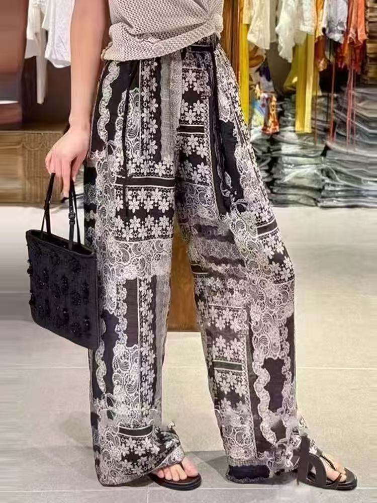 

Ретро стиль сине-белый фарфор хлопок и лен брюки ленивый ветер свободные осенние повседневные брюки летние тонкие универсальные прямые брюки XL (about 120-70kg)