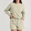 Women's Solid Color Textured Casual Set Long Sleeve Shorts Drawstring Two-Piece Set