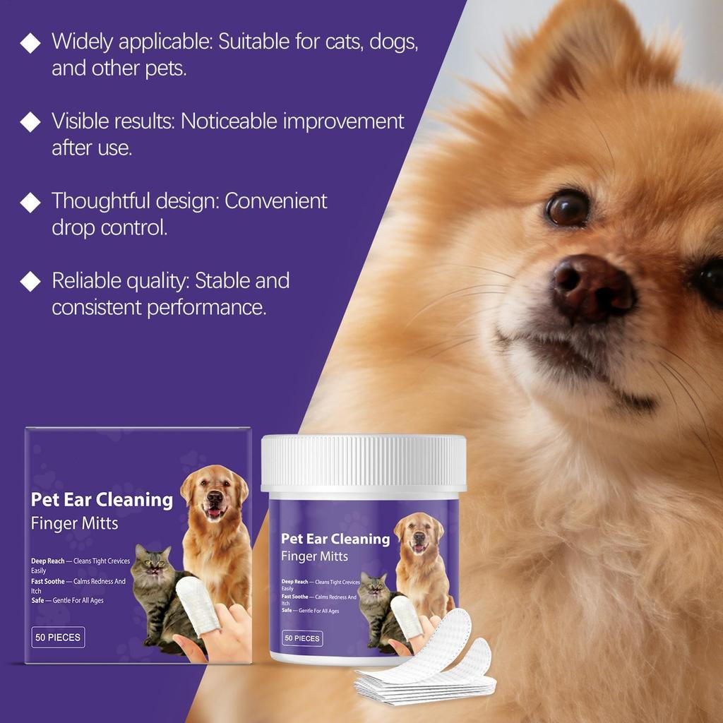 Dog Ear Finger Wipes 50 Pieces Gentle Safe Moisturizing Ear Finger Wipes for Dogs for Puppy Cat Kitten Small Medium Large Breed