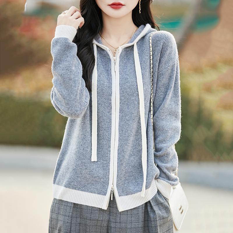 Women's 100% Pure Wool Hooded Cardigan with Zipper – Color Block Knitwear, Loose Fit.