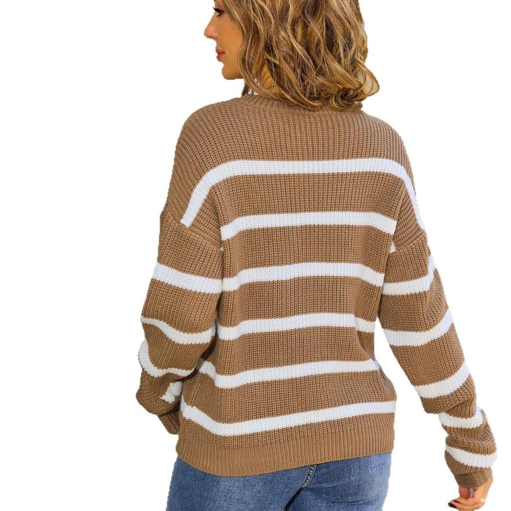 Contrast Color Striped Sweater for Women In Autumn and Winter New Retro Loose Lazy Style College Style Knitted Top