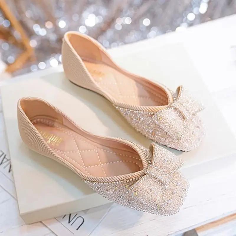 Fashion With Crystals Diamond Bow Rhinestone Low Heel Elegant Square Toe Woman Flats Y2k Young Discount Popular Spring Shoes for Women