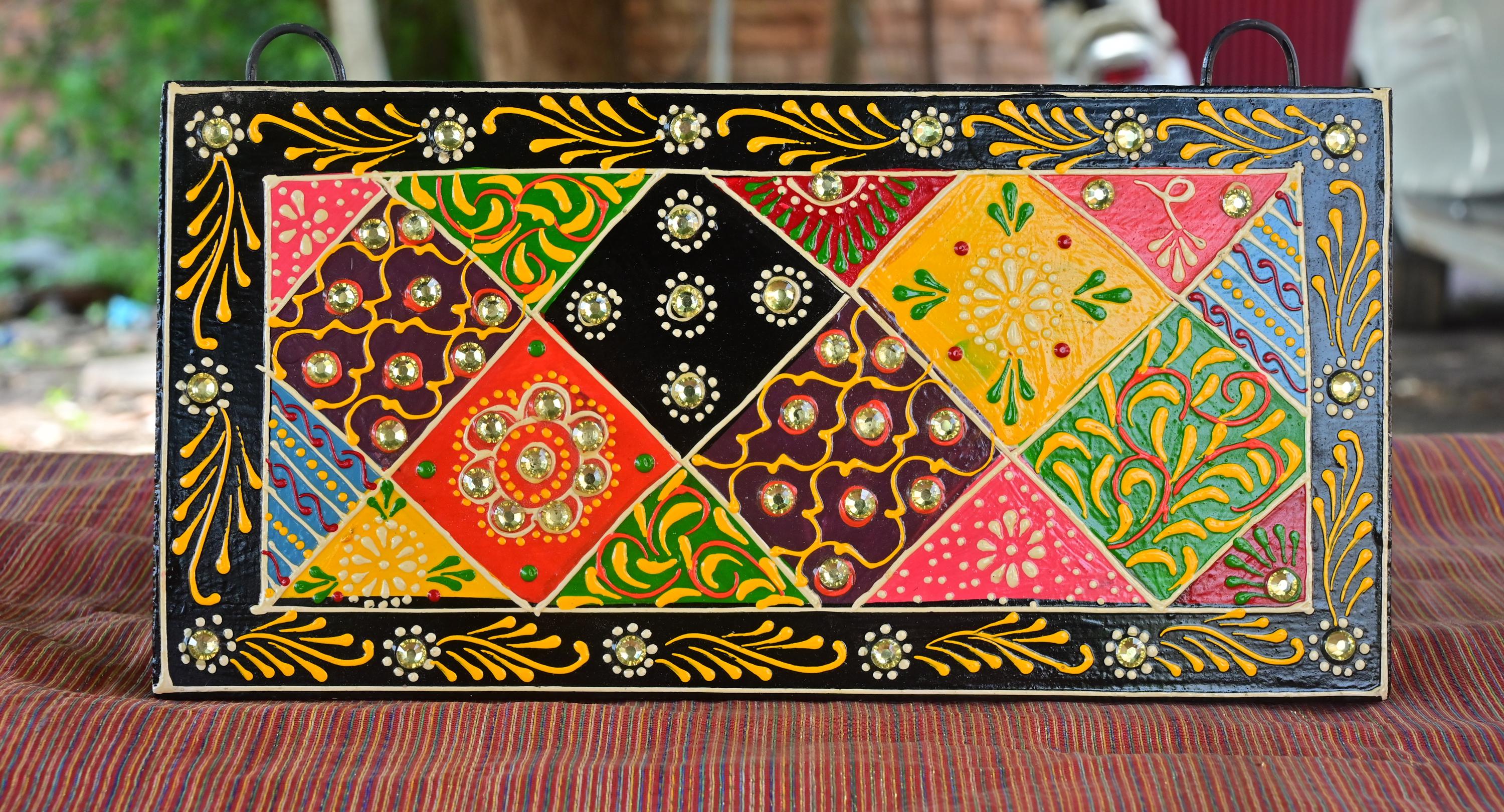 

Hand-Painted Indian Folk Art Panel: Boho Wall Decor with Mirror 18” X 12” X 24” (l x w x h) різнокольоровий