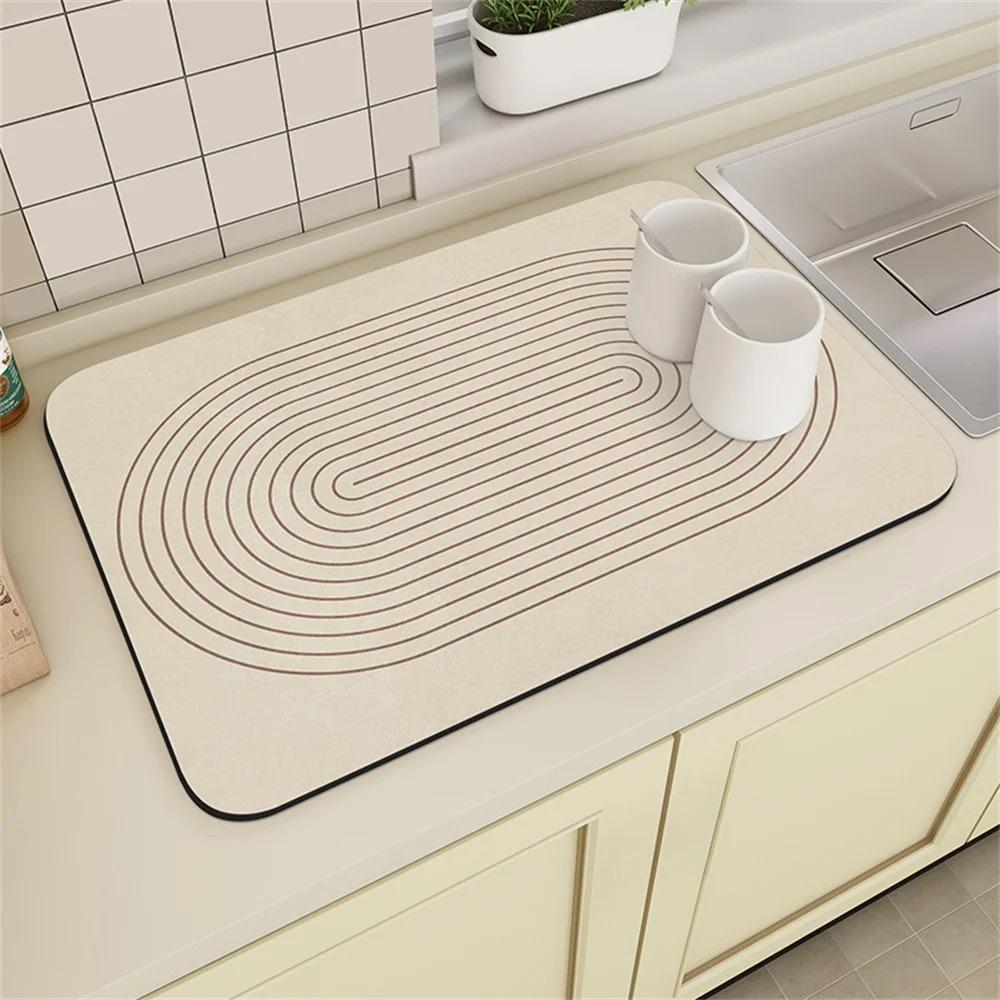 Coffee Machine Drain Mat Kitchen Countertop Cup Absorbent Mat Cream Lines Simple Table Diatomaceous Washable Dry Non-slip Mat