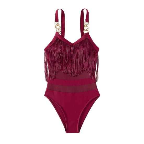 Women Sexy Monokini Sling Sleeveless Tassel Decor Swimsuit Mesh Splicing Backless Design One-piece Bikini