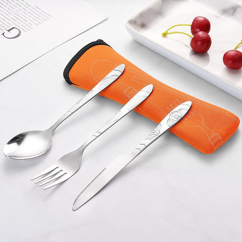 Portable Stainless Steel Western Cutlery Set: Knife, Fork, Spoon & Cloth Bag - Creative Three-Piece Gift Set