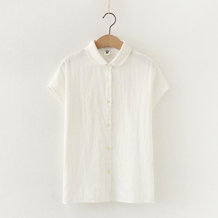 

Японская блузка Mori Girl из двухслойного хлопка с воротником Питер Пэн - с коротким рукавом, свободного кроя, белая в полоску рубашка для женщин S