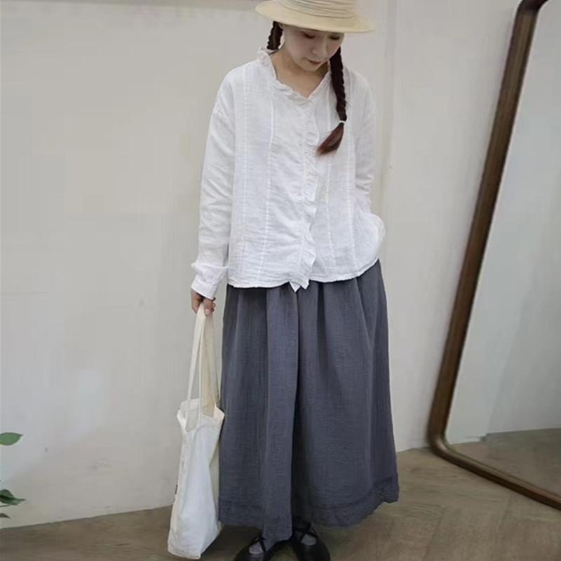 Johnature Vintage Shirt Women Spring V-neck Fungus Edge Single-breasted Casual Top Women