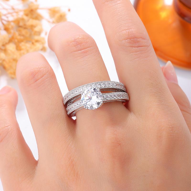 Central Round Cubic Zirconia Double Row Ring-wedding Proposal Bridal Ring