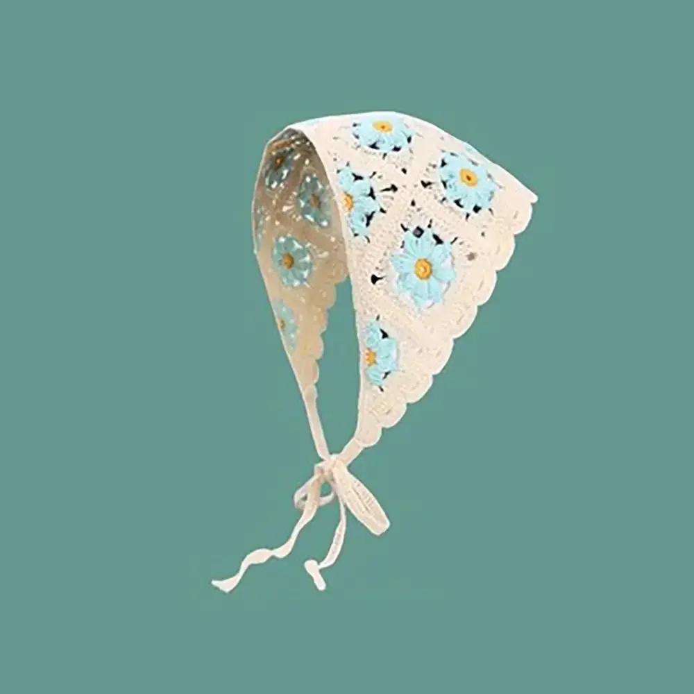 1Pc Knitted Triangle Headband French Pastoral Style Headscarf Hat Little Flower Handmade Crochet Headband Towel Spring Summer