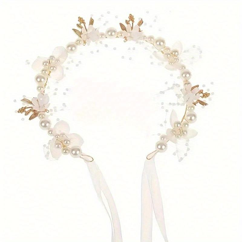 Faux Pearl & Flower Beaded Headband for Bride with Beautiful Floral Wreath Design, Thin Veil, Hair Accessories for Wedding Boho Bow Tiara